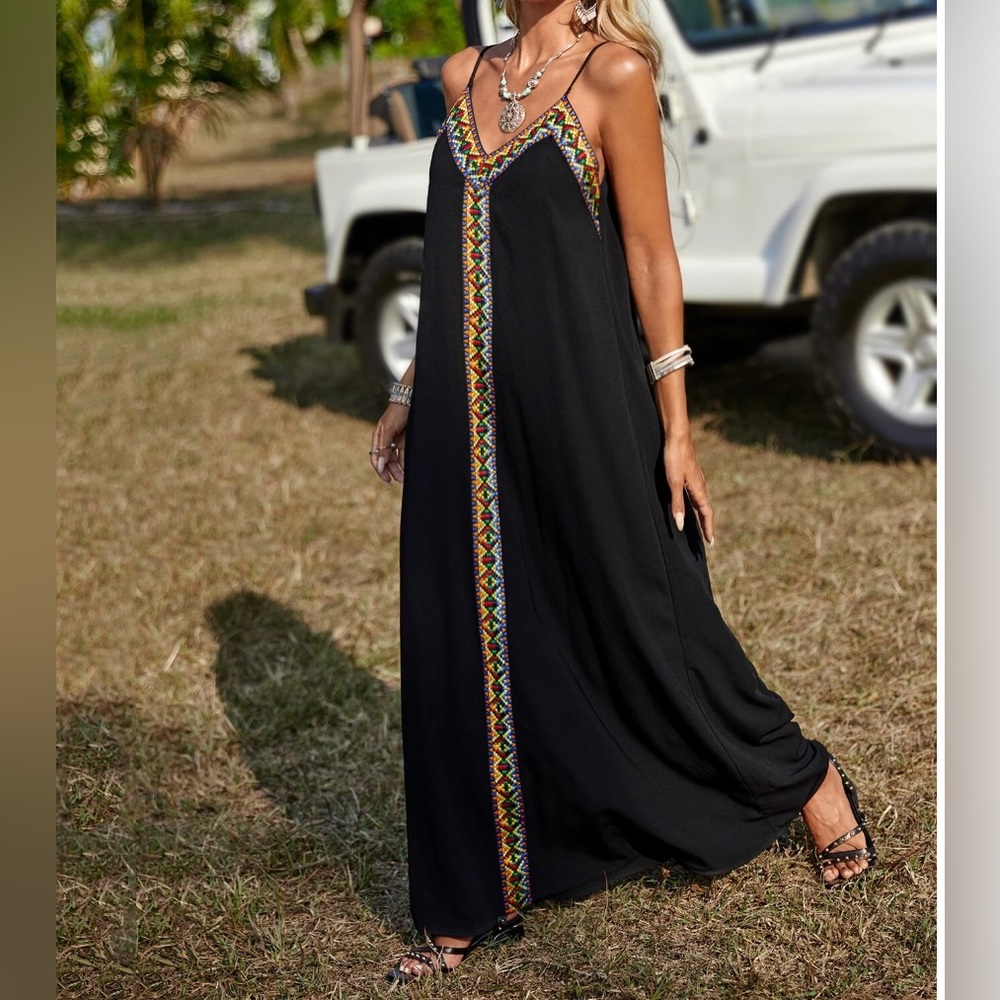 Boho Geometric Embroidery Maxi Cami Dress - Picture 4 of 6